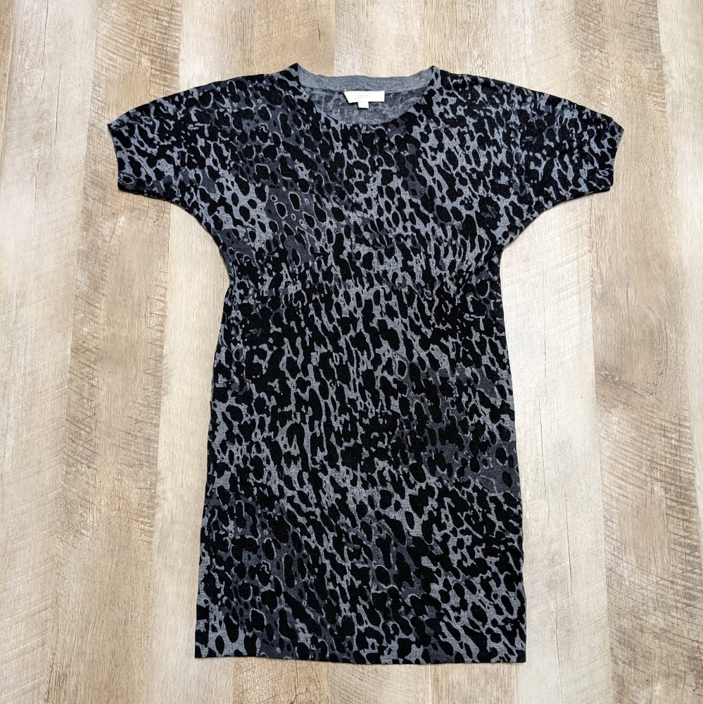 Loft Ann Taylor 100% Wool Black and Gray Leopard Print Fitted Dress Size Small